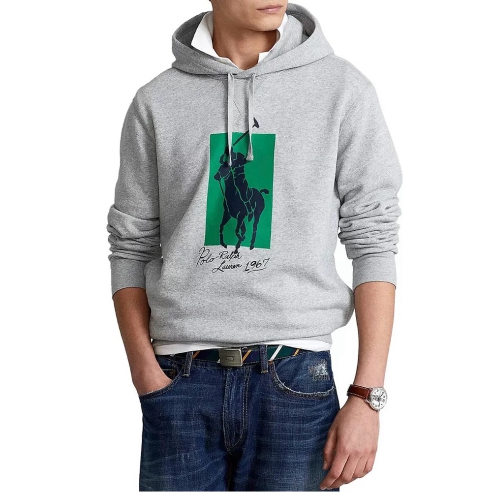 NWT POLO RALPH LAUREN Big Pony Green Box Fleece Pullover Hoodie w Pockets Sz M